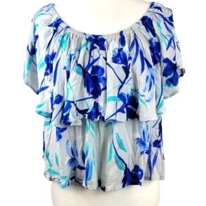 Japna boho Blue white floral print ruffle top medium